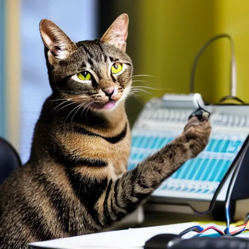 Image similar to photo of an andromorphic cat making an angry telephone call to tec - support