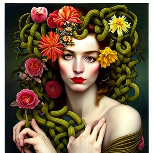 Image similar to dynamic composition, a painting of woman with hair of ( summer flowers )!! and vines wearing ornate earrings, ornate gilded details, a surrealist painting by tom bagshaw and jacek yerga and tamara de lempicka and jesse king, featured on cgsociety, pop surrealism, surrealist, dramatic lighting, wiccan, pre - raphaelite