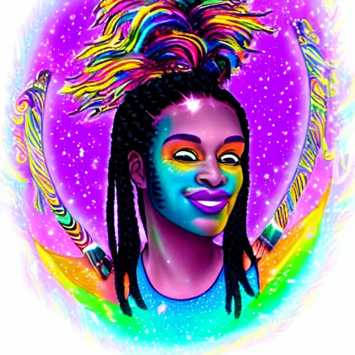 Image similar to black woman with purple dreads in space in the style of lisa frank