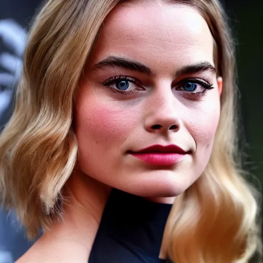 Image similar to a woman who is a genetic combination of margot robbie and emma watson face and upper - body focus