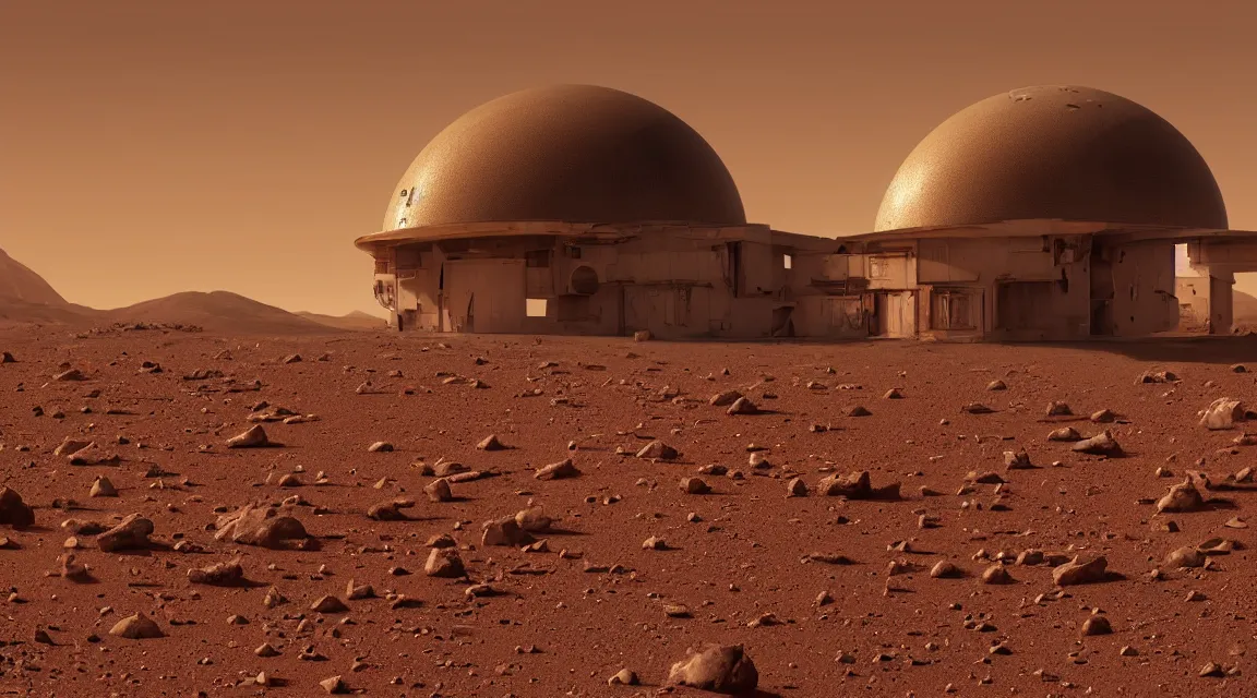 Image similar to stunning large format photograph, beautiful cinematic close detailed perspective of an abandoned domed nasa martian outpost, on mars, scattered debris, reddish brown color scheme, smooth clear blue sky, in the style of jeff wall, hazy sunlight, crisp details, visual effects and composite by ILM, 10k with post-processing