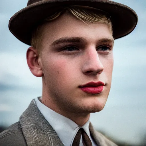 Prompt: a beautiful close - up of a blond young male. dressed in 1 9 4 0 s style. butterfly lightning. shallow depth of field, photorealistic, cinematic lighting, dusk, highly detailed, high detail, great lighting, 8 k resolution, masterpiece, clear eyes, hdr, trending on artstation, 4 k, 8 k, hd