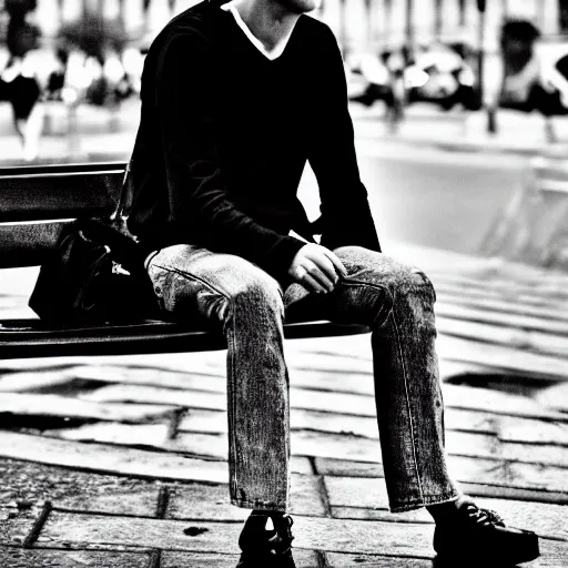 Image similar to black and white fashion photograph, highly detailed portrait of a depressed white drug dealer sitting on a bench on a busy Paris street, looking into camera, eye contact, natural light, rain, mist, lomo, fashion photography, film grain, soft vignette, sigma 85mm f/1.4 1/10 sec shutter