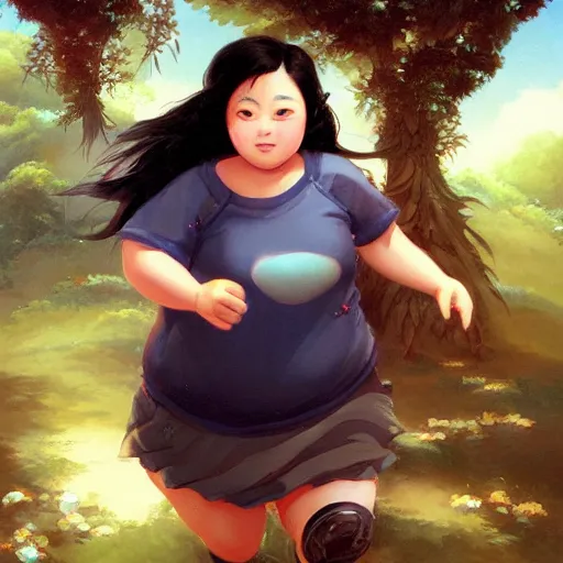 Image similar to portrait of a chubby taiwanese woman running, an oil painting by ross tran and thomas kincade, studio ghibli