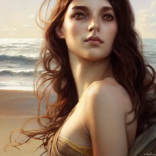 Image similar to Ultra realistic illustration, Siri Dahl at the beach, intricate, elegant, highly detailed, digital painting, artstation, smooth, sharp focus, illustration, art by artgerm and greg rutkowski and alphonse mucha