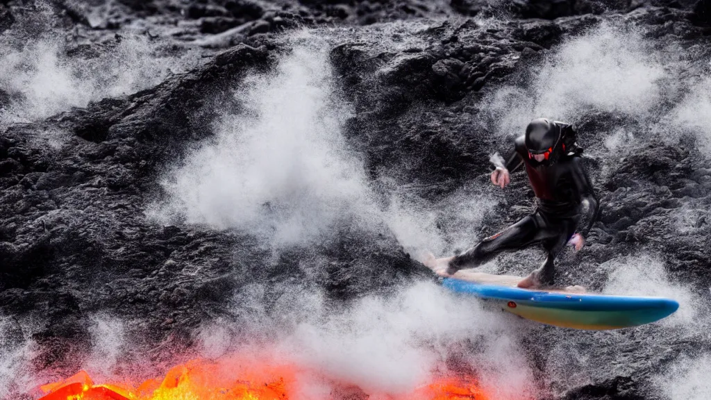 Image similar to person in armor surfing down a river of lava on the side of a volcano on surfboard, action shot, dystopian, thick black smoke, motion blur, sharp focus, cinematic, warren miller, tilt shift lens