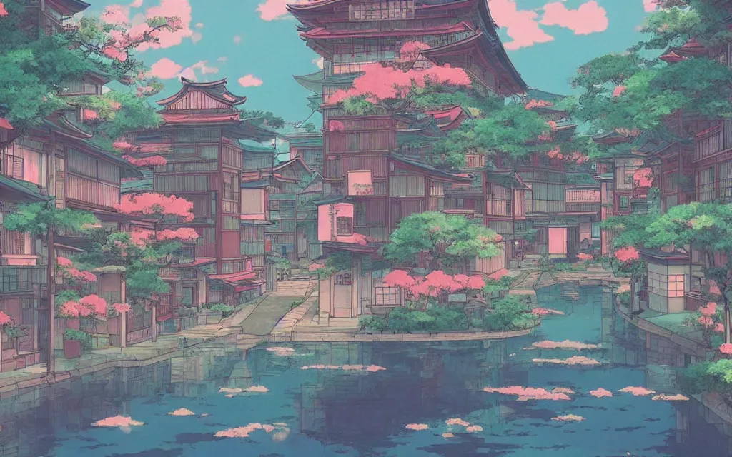 Image similar to a japanese city near the sea, lofi, dreamy, moody, very colorful, anime inspiration, ghibli vibe