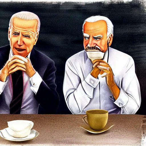 Image similar to joe biden sitting with saddam hussein they are both drinking tea photorealistic professional photograph