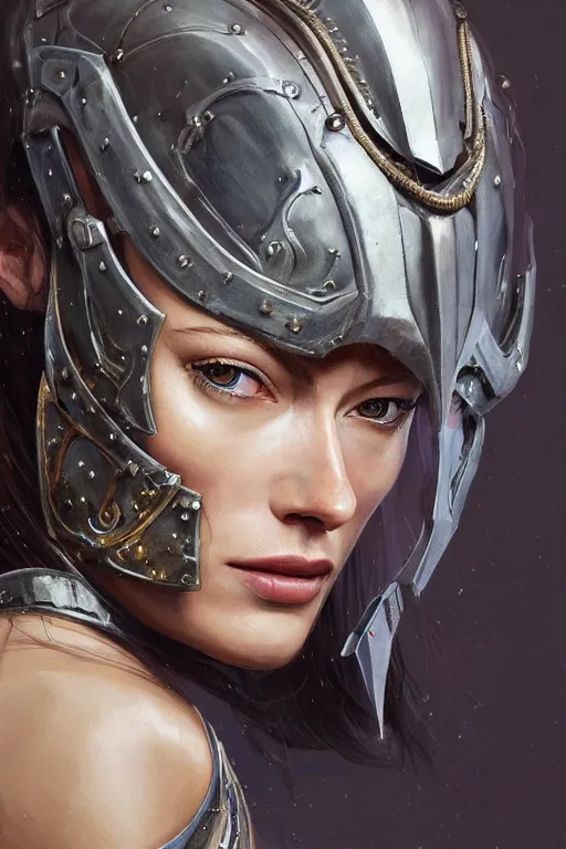 Image similar to a professionally painted portrait of Olivia Wilde, clothed in ancient battle armor, olive skin, long dark hair, beautiful bone structure, symmetrical facial features, stunningly beautiful, intricate, elegant, digital painting, trending on Artstation, concept art, smooth, sharp focus, illustration, from Metal Gear by Ruan Jia and Mandy Jurgens and Artgerm and William-Adolphe Bouguerea, award winning