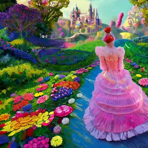 Prompt: portrait of a victorian woman, running up a hill of exotic flowers in the candyland, giant multicolored lollipops, and gumdrops, exotic plants in the shape of candies, from behind, Castle in distance, birds in the sky, sunlight and rays of light shining through trees, beautiful, solarpunk!!!, highly detailed, digital painting by Michael Garmash and Peter Mohrbacher