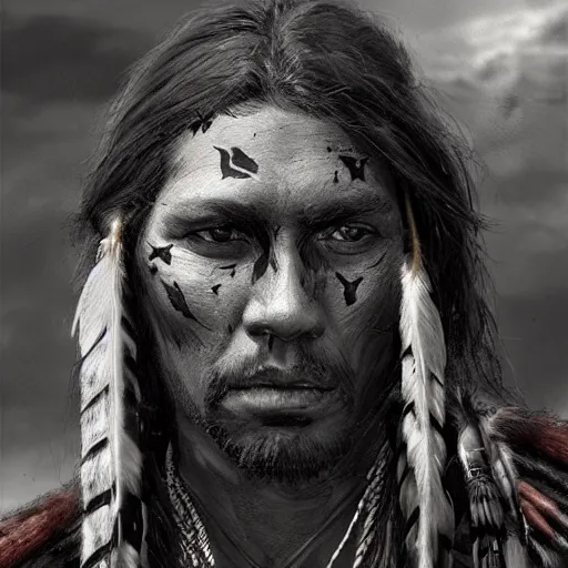 Prompt: portrait of a native american warrior, black paint on face, drawn by ruan jia, fantasy art, red dead redemption, django, cliffs background, weird west, deadlands, dramatic lighting, digital art, 8 k, extremely detailed