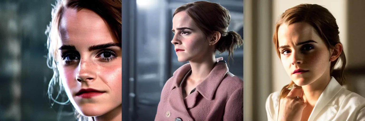 Prompt: close-up of Emma Watson as a detective in a movie directed by Christopher Nolan, detailed face, movie still frame, promotional image, imax 70 mm footage