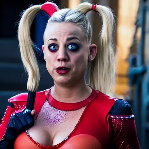 Image similar to A still of Kaley Cuoco as Harley Quinn