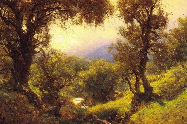 Image similar to masterpiece painting of oak trees on a hillside overlooking a creek, dramatic lighting, by gaston bussiere