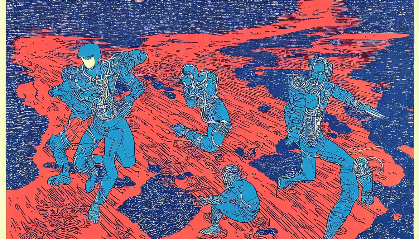 Prompt: future man by woodblock print, moebius