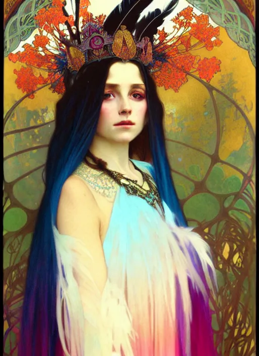 Image similar to ombre velvet gown, feathers, vivid colors, lovely dark autumn princess, portrait, long hair, tiara, jeweled choker, by alphonse mucha, brom, greg rutkowski, anato finnstark