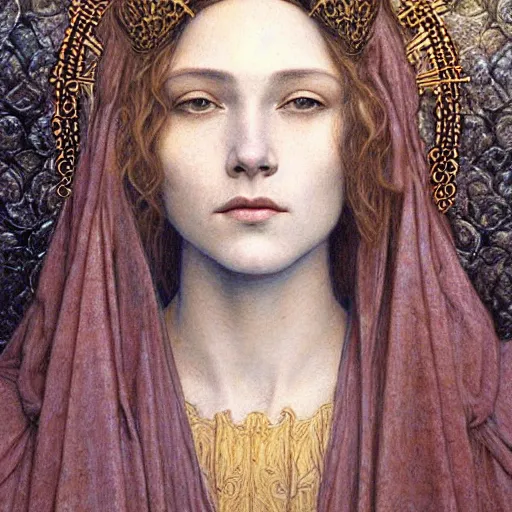 Image similar to detailed realistic beautiful young medieval queen face portrait by jean delville, tony diterlizzi and marco mazzoni, art nouveau, symbolist, visionary, gothic, pre - raphaelite
