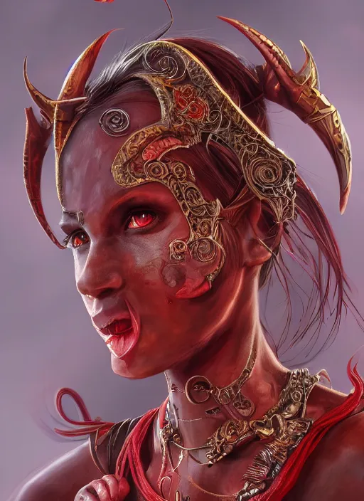 Prompt: red skin, Tiefling , smiling, beautiful detailed eyes, cute, fantasy, intricate, elegant, highly detailed, digital painting, 4k, HDR, concept art, detailed jewelry, smooth, sharp focus, illustration, by Wayne Reynolds