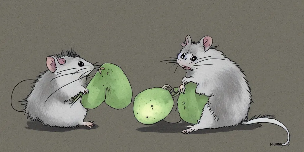 Prompt: gray, fluffy rat eating avocado, in the style of studio Ghibli  -H 1024