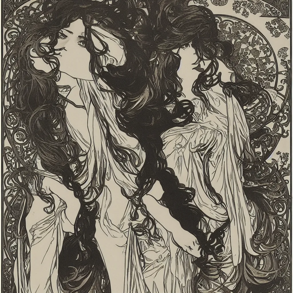 Image similar to monochromatic engraving by alphonse mucha and gustave klint