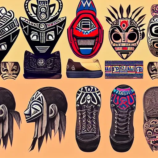 Image similar to sneaker design concept art, aztec mayan street fashion native punk sneaker design, majora's mask, wearing wooden mask, hip hop sneaker design with subtle mayan patterns, gapmoe yandere grimdark, trending on pixiv fanbox, painted by greg rutkowski makoto shinkai takashi takeuchi studio ghibli, akihiko yoshida