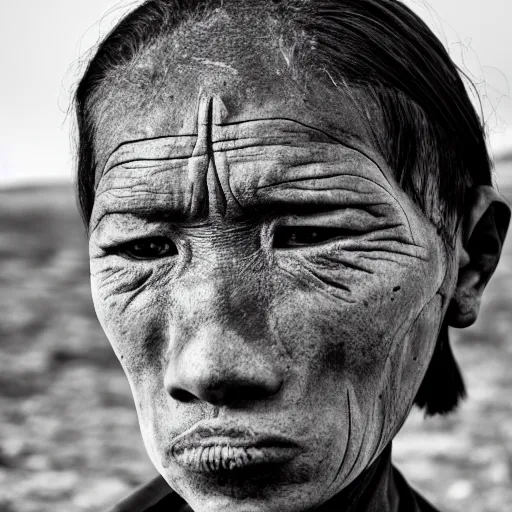 Image similar to steppe people raider elongated cranium protester face style photo black and white wide angle lense