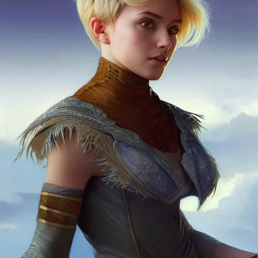 Prompt: an epic fantasy comic book style portrait painting of a young blonde girl with pixie haircut wearing plain thief clothes, confident, d & d, fantasy, intricate, elegant, highly detailed, digital painting, artstation, concept art, matte, sharp focus, illustration, art by artgerm and greg rutkowski and alphonse mucha