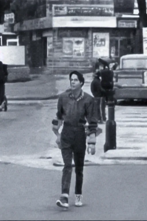 Image similar to still from vhs footage of jughead walking down street