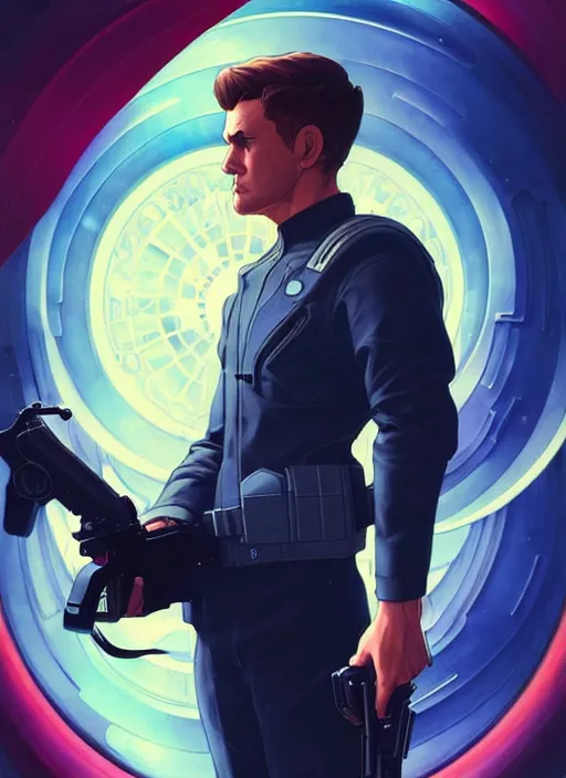 Prompt: side profile centered portrait, man with a gun, a spaceship in the background, by artgerm, cushart krenz, miles johnstone, storyboard!! frames, west world show,. art nouveau., swirly vibrant ripples, gaudy colors, sharp edges. poster, 8 k, intricate