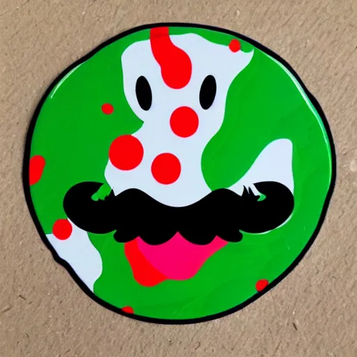 Image similar to die cut sticker, yoshi wearing mario's mustache, splatter paint