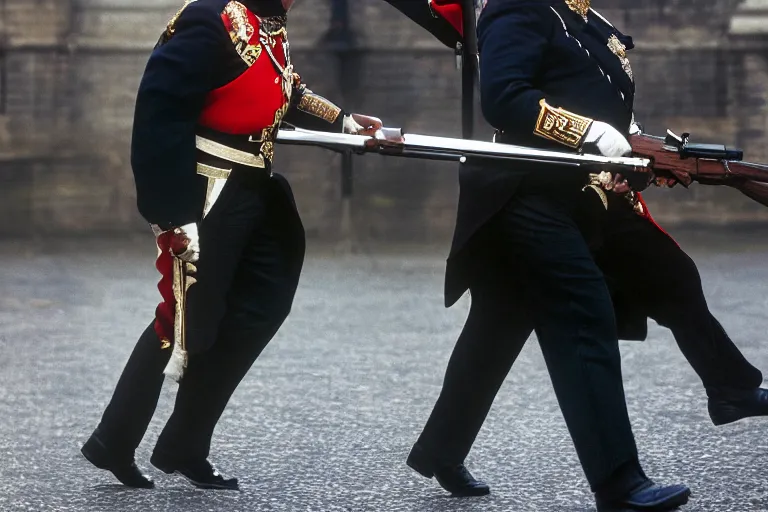 Image similar to closeup portrait of boris johnson dressed as a queen's guard firing a musket in a london street, natural light, sharp, detailed face, magazine, press, photo, steve mccurry, david lazar, canon, nikon, focus