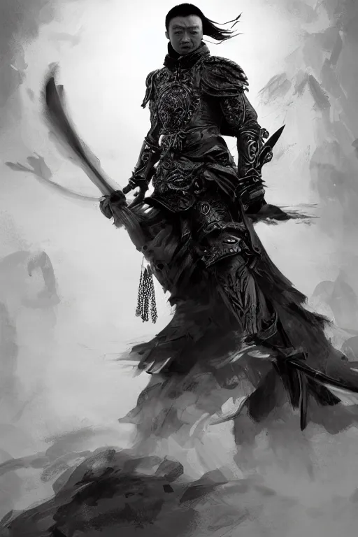 Image similar to chinese warrior, portrait, fierce, intricate, elegant, black and white volumetric lighting, scenery, digital painting, highly detailed, artstation, sharp focus, illustration, concept art, ruan jia, steve mccurry