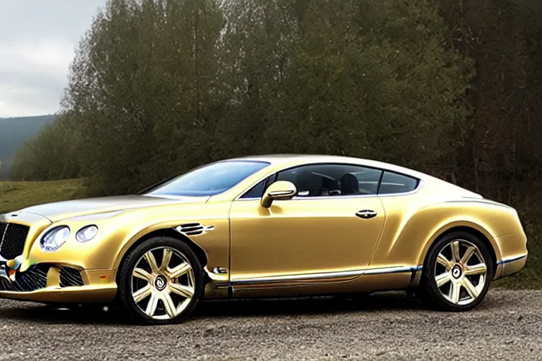 Image similar to Bentley Continental GT in shiny gold film drives along old Russian village road