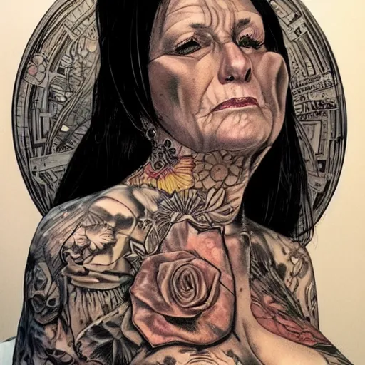 Image similar to a beautiful portrait of a heavily tattooed older woman Travis Charest style