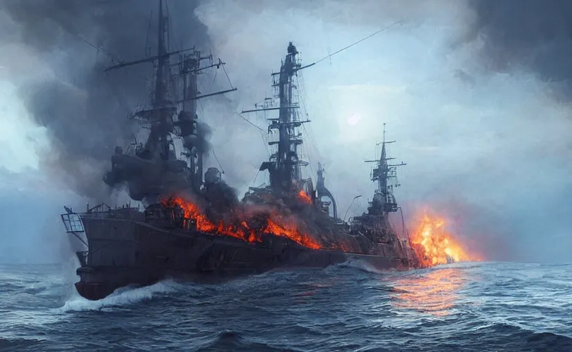 Prompt: distant cinematic shot of a burning Russian warship sinking in the middle of the ocean, concept art, сinematic lighting, insanely detailed, smooth, sharp focus, Artstation, 8k, unreal engine, hyper realistic, steampunk style, bright background, moonlight, volumetric lighting, wallpaper, digital illustration by Ruan Jia and Mandy Jurgens and Artgerm and Wayne Barlowe and Greg Rutkowski and Zdislav Beksinski