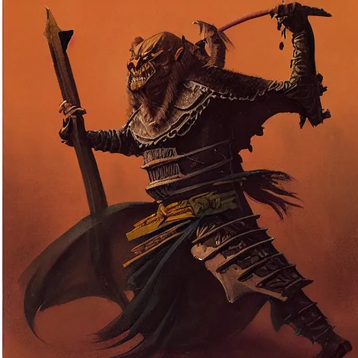 Image similar to quarter length portrait of a samurai hobgoblin, d & d, fantasy, greg rutkowski, frank frazetta, alexandre chaudret, boris vallejo, michael whelan, miro petrov, hr giger, magali villeneuve, donato giancola