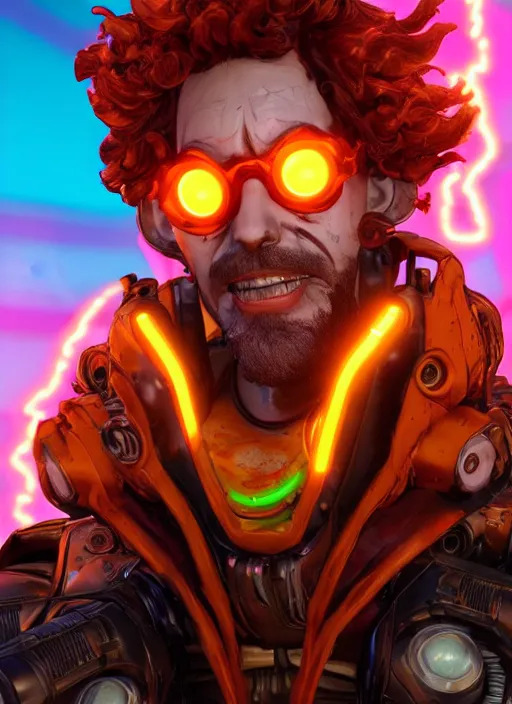 Image similar to glowwave portrait of curly orange haired mad scientist man from borderlands 3, au naturel, hyper detailed, digital art, trending in artstation, cinematic lighting, studio quality, smooth render, unreal engine 5 rendered, octane rendered, art style by pixar dreamworks warner bros disney riot games and overwatch.