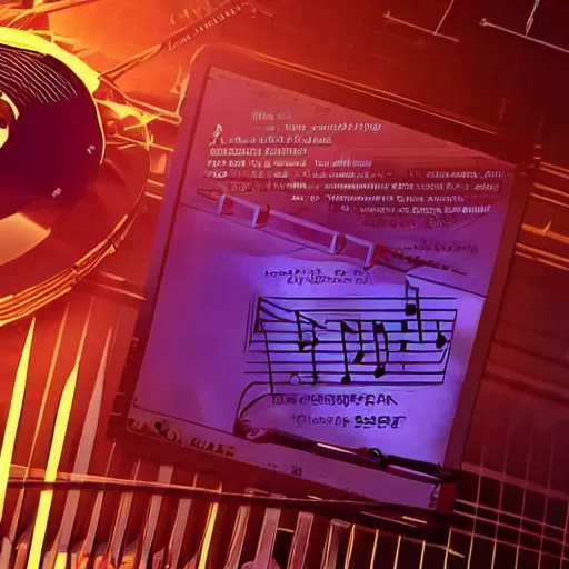 Prompt: A tuning fork from the future, music sheets in the background, cinematic, but in cyberpunk style