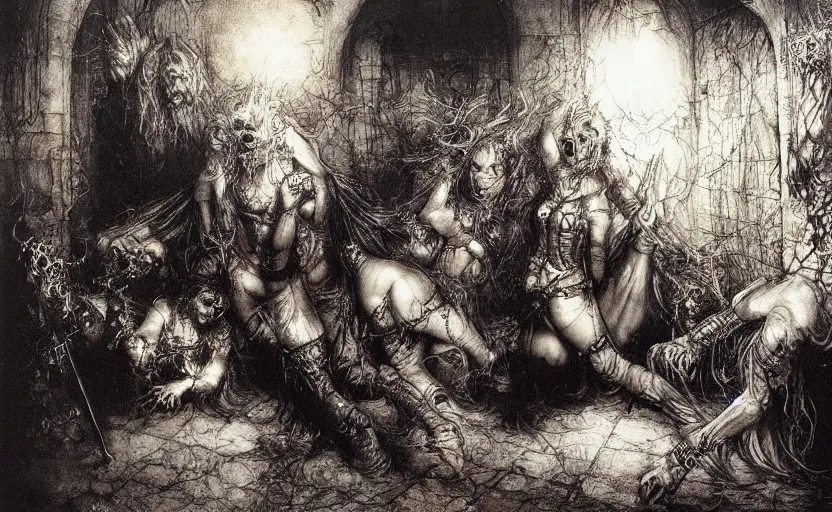 Prompt: The night of the 5 murderous sorcerers, horror scene, highly detailded. By Rembrandt and Luis Royo