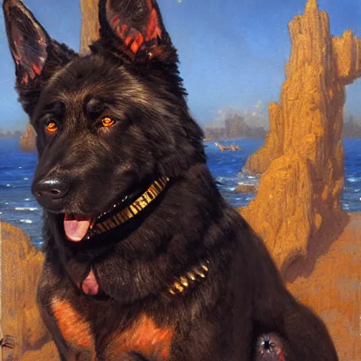 Prompt: a portrait of a black german shepard dogman man in swimsuit starfleet star trek risa. highly detailed painting by gaston bussiere craig mullins jc