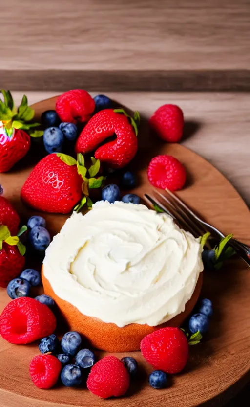 Image similar to A photo of a swedish cake from the side on a wooden table, with cream spread on the sides and strawberries, raspberries and blueberries placed in circles on top. Sunset. 4K. Cinematic lighting. High detail. Realistic. Delicious.