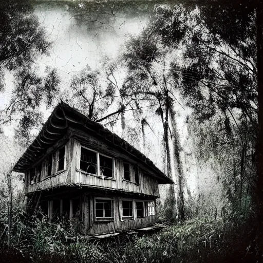 Prompt: hyperrealistic highdetailed abandoned russian cabin house in the tropical wood, palms, overgrown place, trees are in building and go through house, birds in the sky, mystic, melancholy, pinhole analogue photo quality, lomography, scratches on photo, noise effect, blur effect, 3 5 mm, monochrome