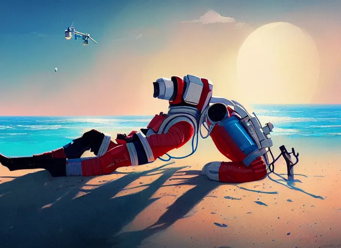 Prompt: an astronaut sunbathing at the beach with, isometric, complimentary colors, perfect lighting, aesthetic, masterpiece, award winning, artstation, 4 k, darek zabrocki, greg rutkowski, artgerm