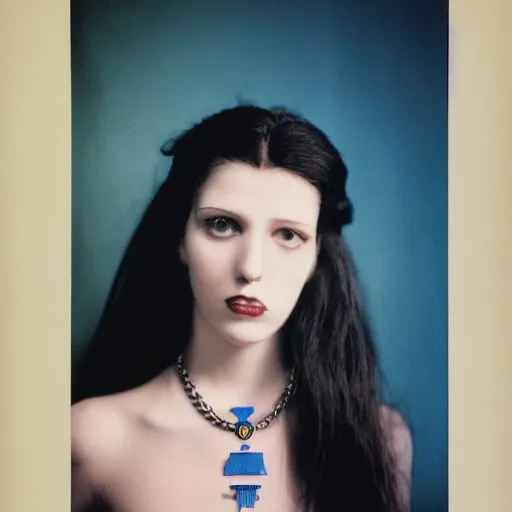 Image similar to medium shot, color slide Kodak Ektachrome E100, studio photographic portrait of Death as a young, attractive, friendly, gorgeous, pale, goth, girl in her 20s, wears a Egyptian Ankh Pendant Necklace, casual clothes, blue hour, Nikon camera, 75mm lens, f/2.8 aperture, HD, hi-res, hi resolution, deep depth of field, sharp focus, rich deep moody colors, masterpiece image, intricate, realistic, elegant, highly detailed, Shutterstock, Curated Collections, Sony World Photography Awards, Pinterest, by Annie Leibovitz