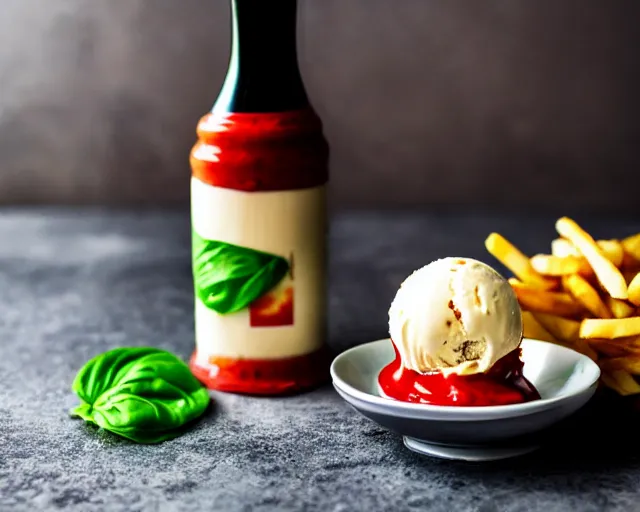 Prompt: dslr food photograph of vanilla ice cream with ketchup on, a leaf of basil on the ice cream, french fries on the side, a bottle of ketchup, bokeh, 8 5 mm f 1. 4