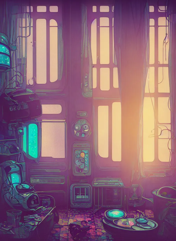 Image similar to telephoto 7 0 mm f / 2. 8 iso 2 0 0 photograph depicting the feeling of chrysalism in a cosy cluttered french sci - fi ( art nouveau ) cyberpunk apartment in a pastel dreamstate art style. ( computer screens, window ( rain ), sink, lamp ( ( fish tank ) ) ), ambient light.