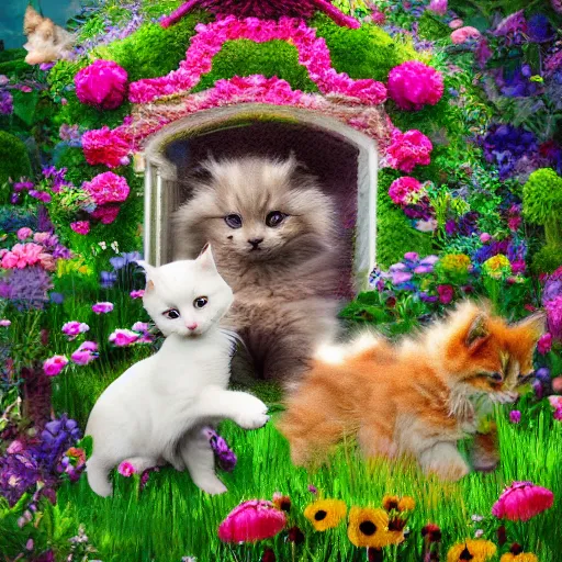 Image similar to fluffy puppies and kittens playing in the flower garden, deep dream, digital art, hyperealism, textured 3 d, photorealistic, concept art, intense detail, art station, 4 k