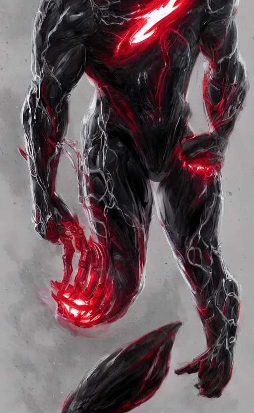 Prompt: venom in a venom inspired ironman suit, black and red, dynamic lighting, photorealistic fantasy concept art, trending on art station, stunning visuals, terrifying, creative, cinematic
