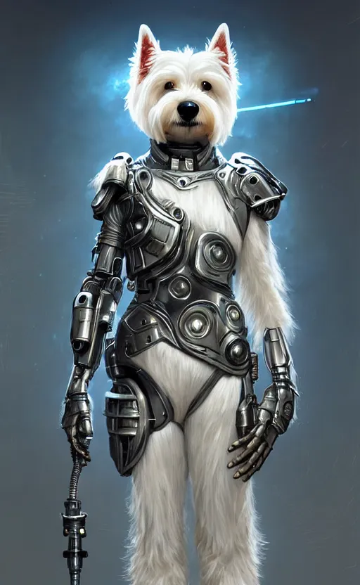 Prompt: an anthropomorphic cyber westie wearing scifi armor, diffuse lighting, fantasy, intricate, elegant, highly detailed, lifelike, photorealistic, digital painting, artstation, illustration, concept art, smooth, sharp focus, art by john collier and albert aublet and krenz cushart and artem demura and alphonse mucha