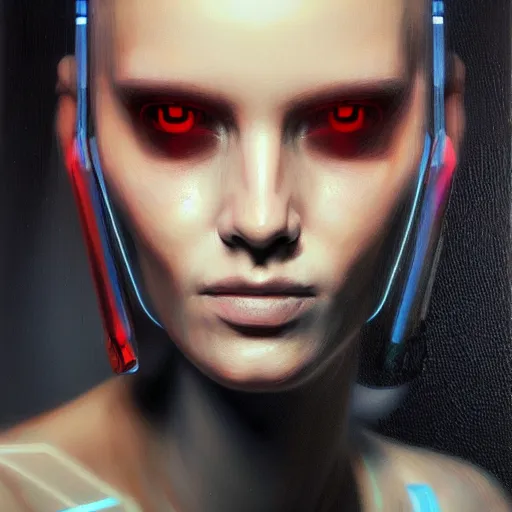 Image similar to cyberpunk cyborg fashion model portrait, hyperrealism oil painting, artstation